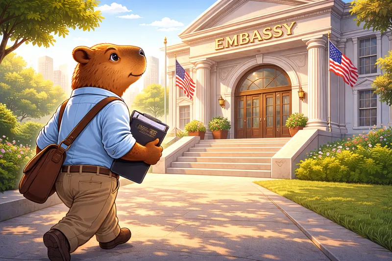 Capibara vestido de forma profesional caminando hacia la embajada de EE.UU.