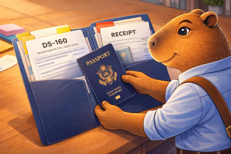 Capibara organizando documentos para la visa: pasaporte, formulario DS-160 y recibo de pago