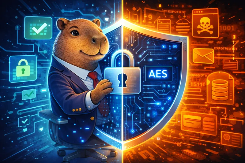 Capibara protegido detrás de un escudo digital con cifrado AES-256, bloqueando acceso no autorizado