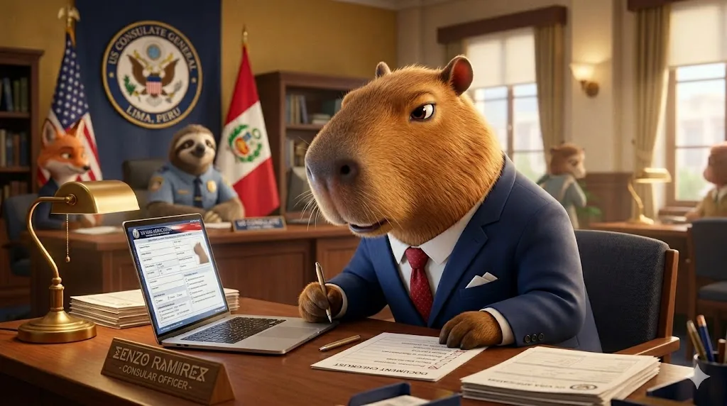Capibara llenando el formulario DS-160 en su laptop con documentos de viaje sobre el escritorio
