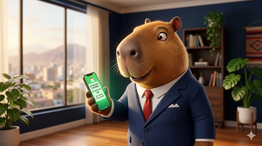 Capibara celebrando una notificación de cita de visa americana adelantada con éxito